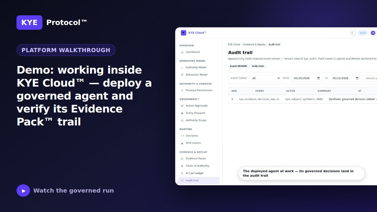 Frame from: Demo: working inside KYE Cloud™ — deploy a governed agent and verify its Evidence Pack™ trail