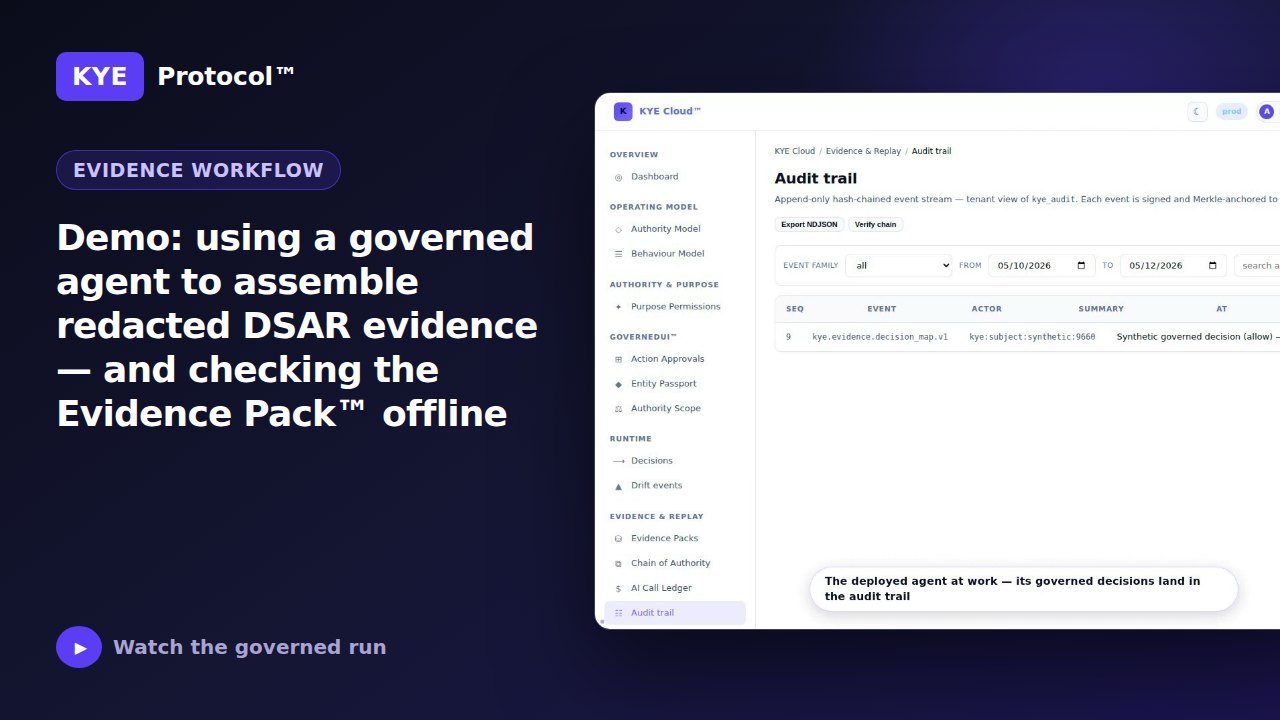 Frame from: Demo: using a governed agent to assemble redacted DSAR evidence — and checking the Evidence Pack™ offline
