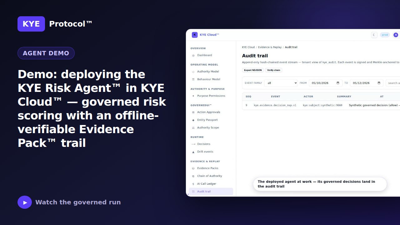 Frame from: Demo: deploying the KYE Risk Agent™ in KYE Cloud™ — governed risk scoring with an offline-verifiable Evidence Pack™ trail